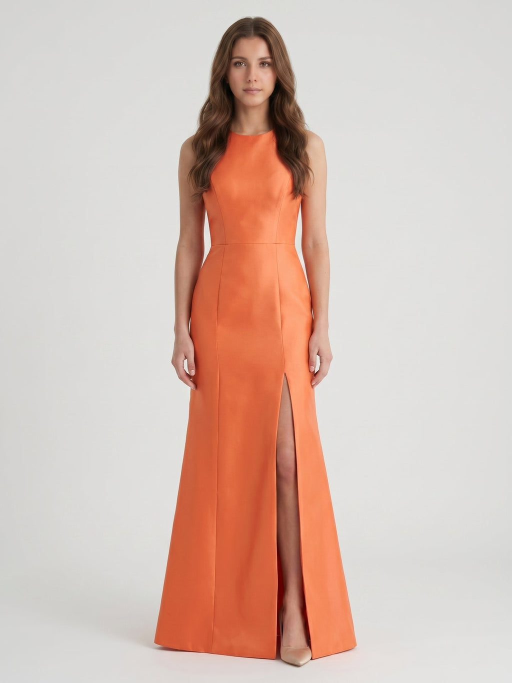 Striking Orange Satin Trumpet Scoop Neck Keyhole Back Floor-Length Bridesmaid Dress with Bow - Curvevia