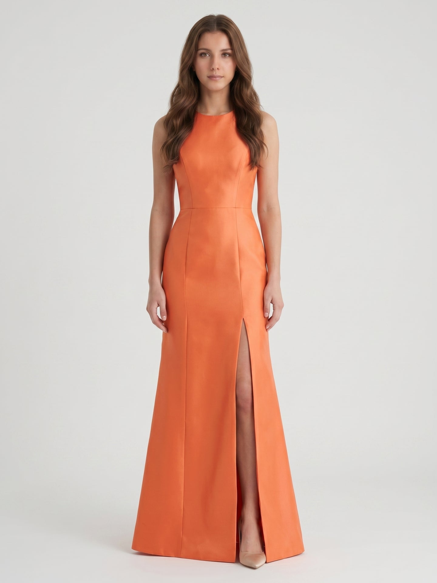 Striking Orange Satin Trumpet Scoop Neck Keyhole Back Floor-Length Bridesmaid Dress with Bow - Curvevia