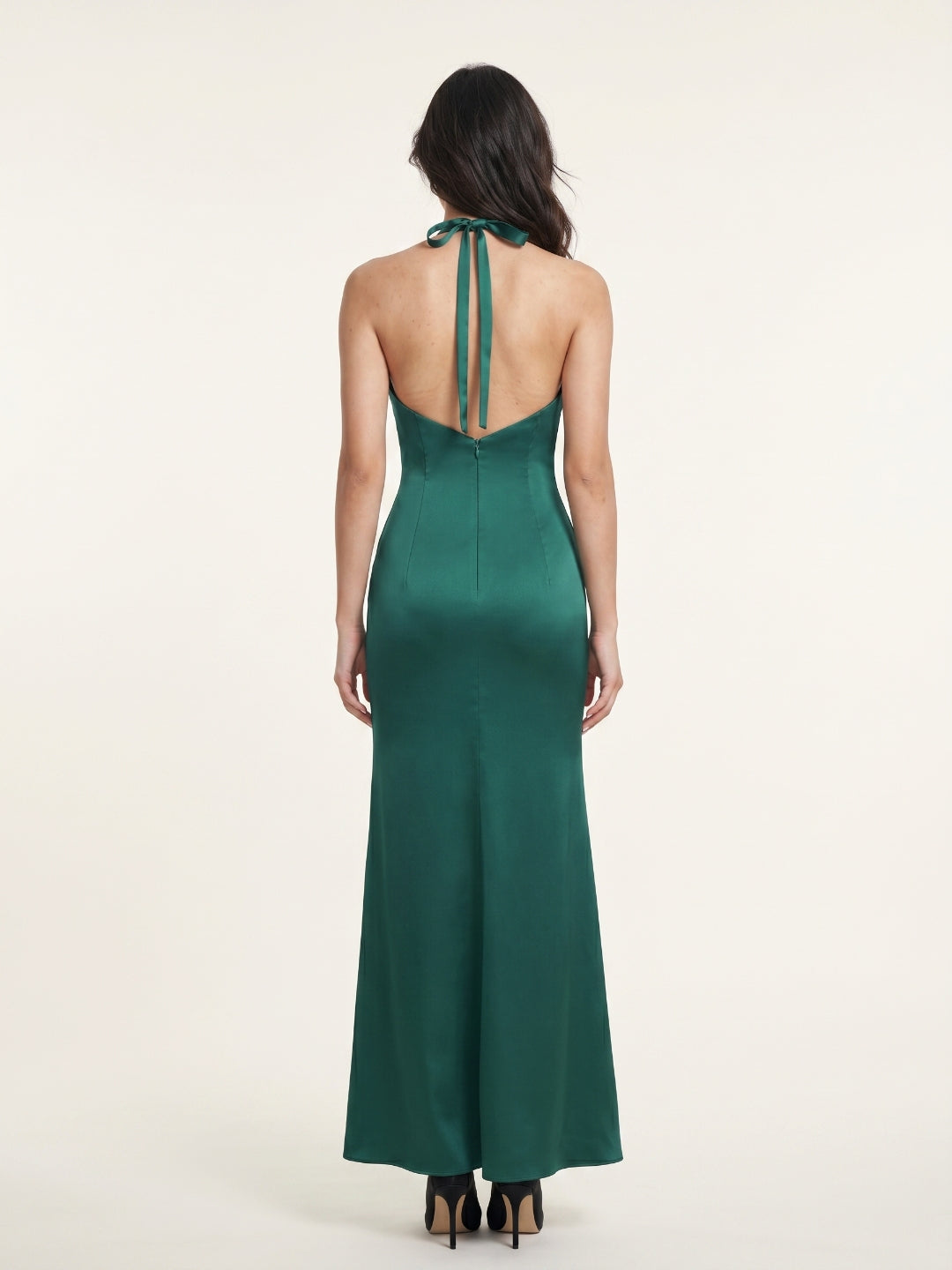 Sultry Peacock Satin Sheath Halter Backless Floor-Length Bridesmaid Dress with Pleated Bodice - Curvevia