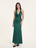 Sultry Peacock Satin Sheath Halter Backless Floor-Length Bridesmaid Dress with Pleated Bodice - Curvevia
