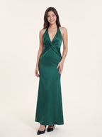 Sultry Peacock Satin Sheath Halter Backless Floor-Length Bridesmaid Dress with Pleated Bodice - Curvevia