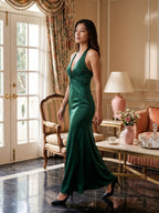 Sultry Peacock Satin Sheath Halter Backless Floor-Length Bridesmaid Dress with Pleated Bodice - Curvevia