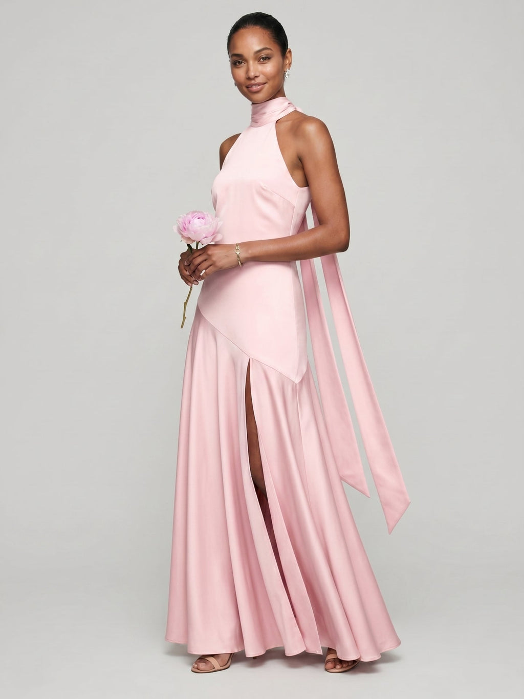 Sweet & Flowy Blushing Pink Satin A-Line Halter neckline Back Zip Ankle-Length Bridesmaid Dress - Curvevia