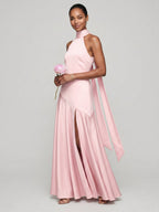Sweet & Flowy Blushing Pink Satin A-Line Halter neckline Back Zip Ankle-Length Bridesmaid Dress - Curvevia