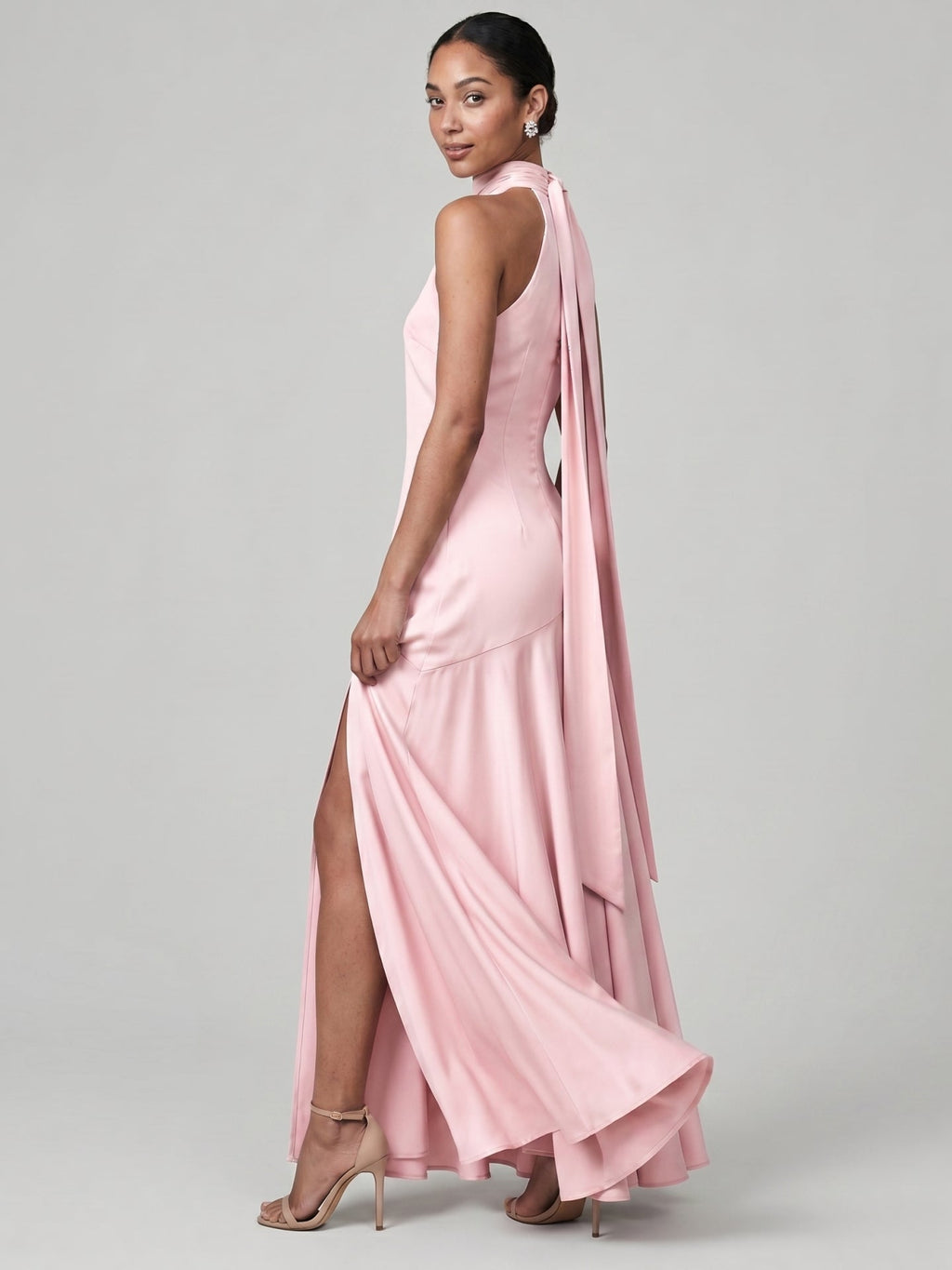 Sweet & Flowy Blushing Pink Satin A-Line Halter neckline Back Zip Ankle-Length Bridesmaid Dress - Curvevia