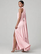 Sweet & Flowy Blushing Pink Satin A-Line Halter neckline Back Zip Ankle-Length Bridesmaid Dress - Curvevia