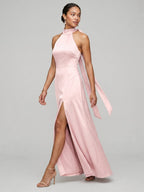Sweet & Flowy Blushing Pink Satin A-Line Halter neckline Back Zip Ankle-Length Bridesmaid Dress - Curvevia