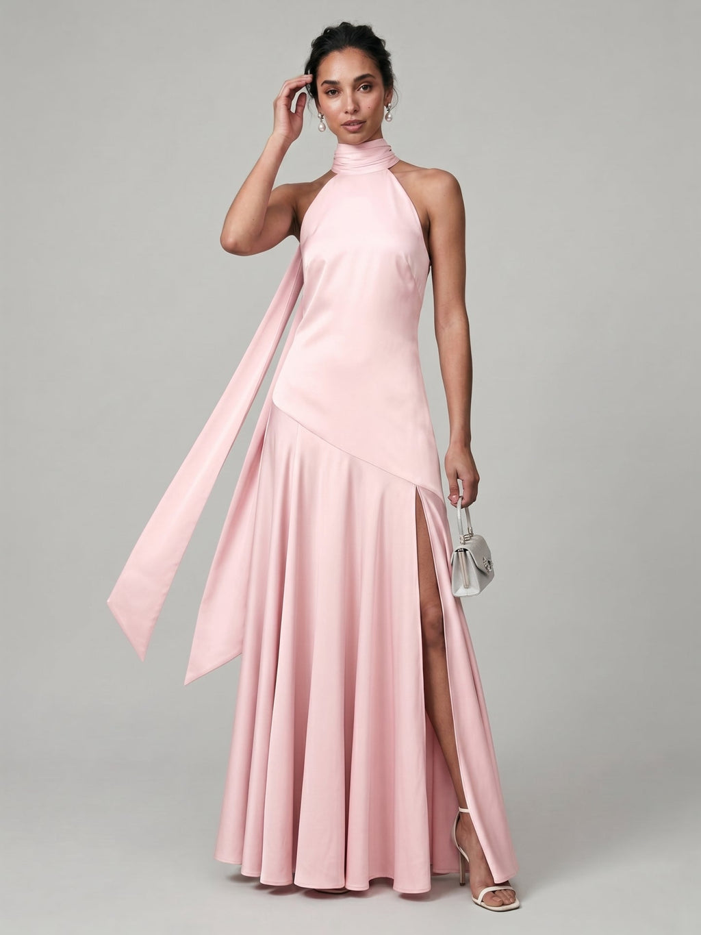 Sweet & Flowy Blushing Pink Satin A-Line Halter neckline Back Zip Ankle-Length Bridesmaid Dress - Curvevia