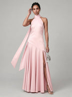 Sweet & Flowy Blushing Pink Satin A-Line Halter neckline Back Zip Ankle-Length Bridesmaid Dress - Curvevia