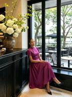 Modest Mulberry Satin A-Line Scoop Neck Back Zip Tea-Length Bridesmaid Dress - Curvevia