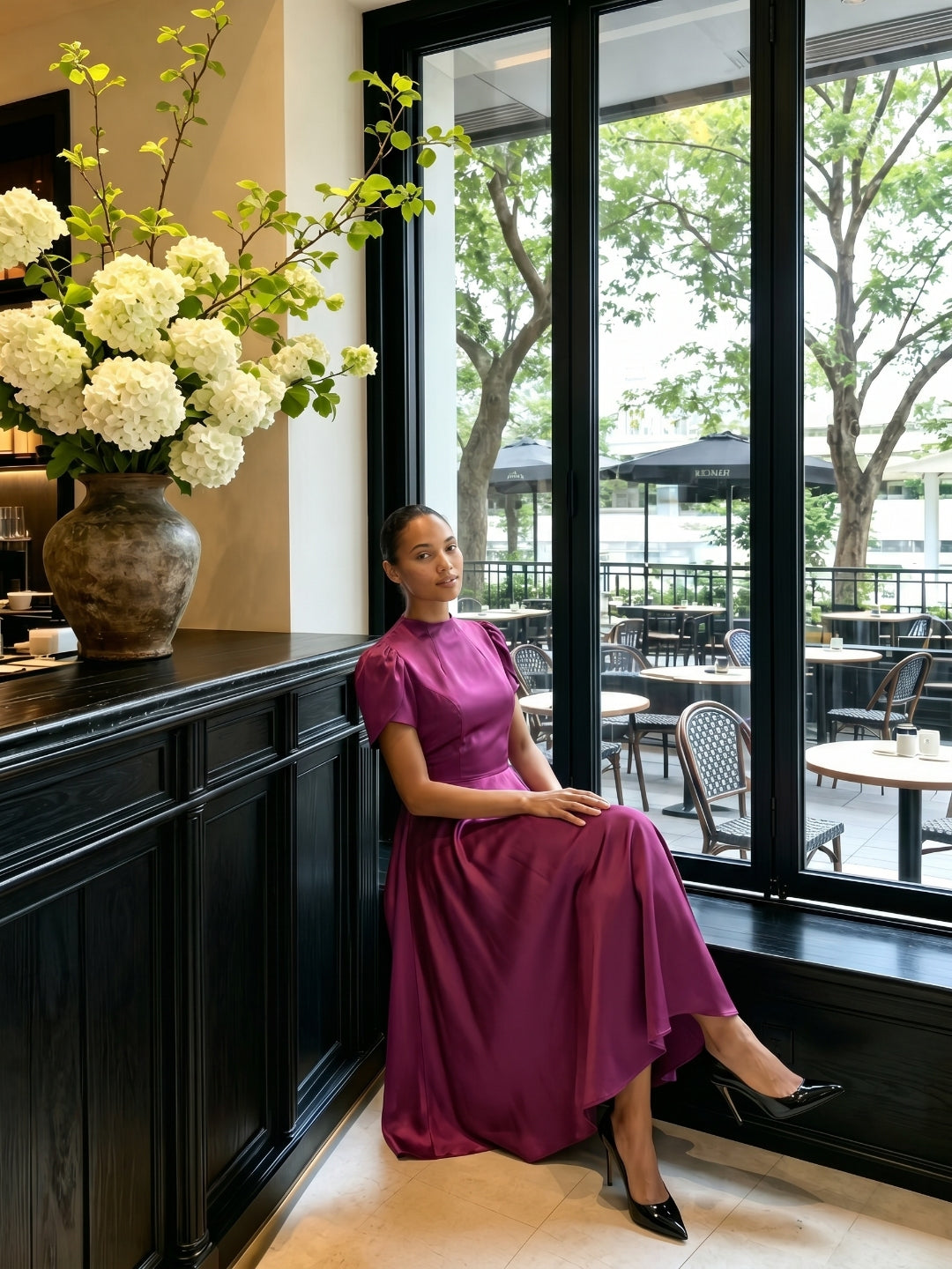 Modest Mulberry Satin A-Line Scoop Neck Back Zip Tea-Length Bridesmaid Dress - Curvevia