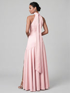 Sweet & Flowy Blushing Pink Satin A-Line Halter neckline Back Zip Ankle-Length Bridesmaid Dress - Curvevia