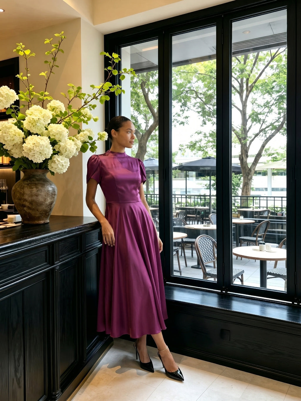 Modest Mulberry Satin A-Line Scoop Neck Back Zip Tea-Length Bridesmaid Dress - Curvevia