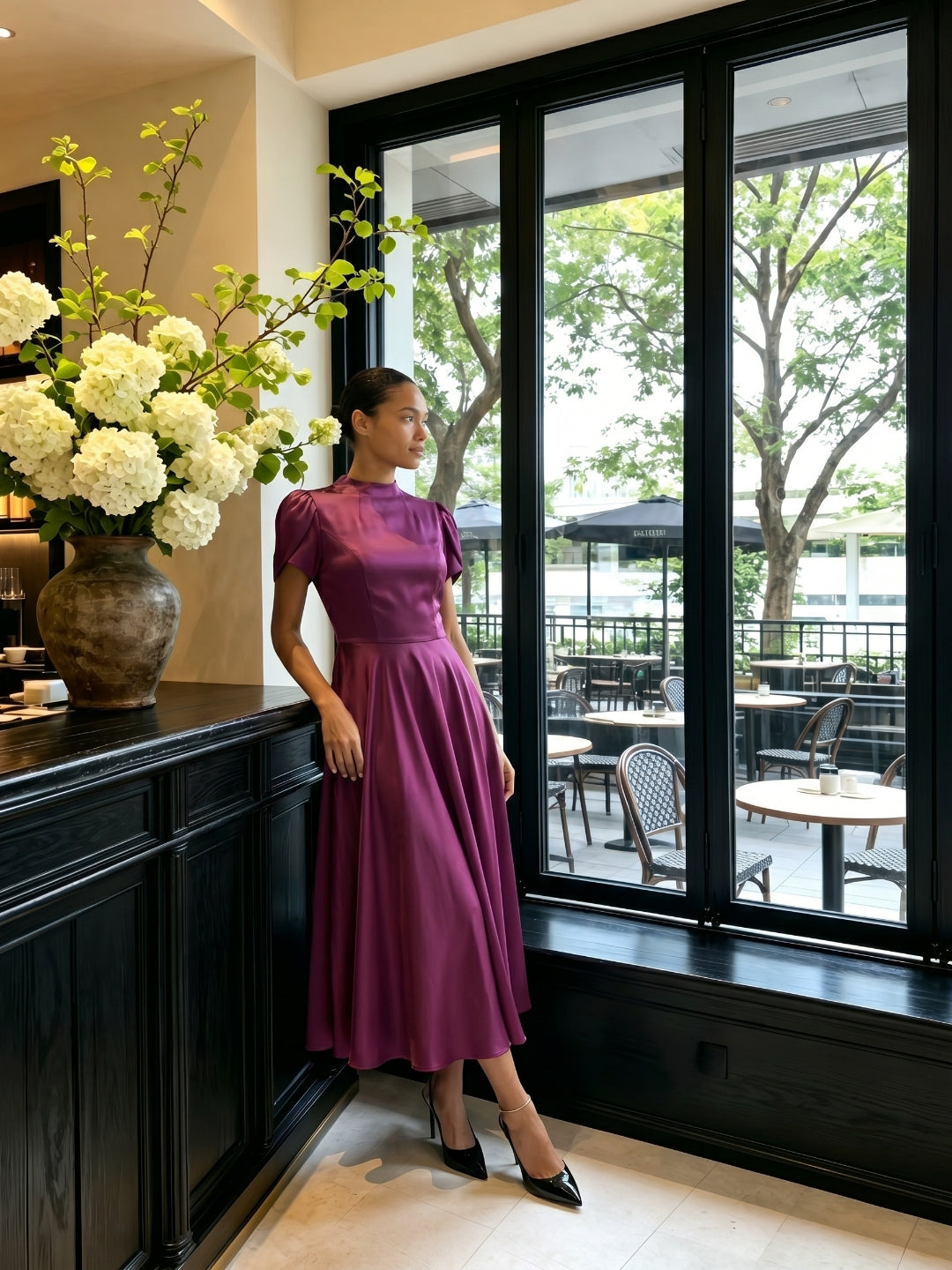 Modest Mulberry Satin A-Line Scoop Neck Back Zip Tea-Length Bridesmaid Dress - Curvevia
