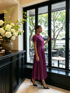 Modest Mulberry Satin A-Line Scoop Neck Back Zip Tea-Length Bridesmaid Dress - Curvevia