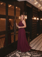 Sweet & Flowy Cabernet Chiffon A-Line Halter neckline Ankle-Length Plus Size Bridesmaid Dress - Curvevia