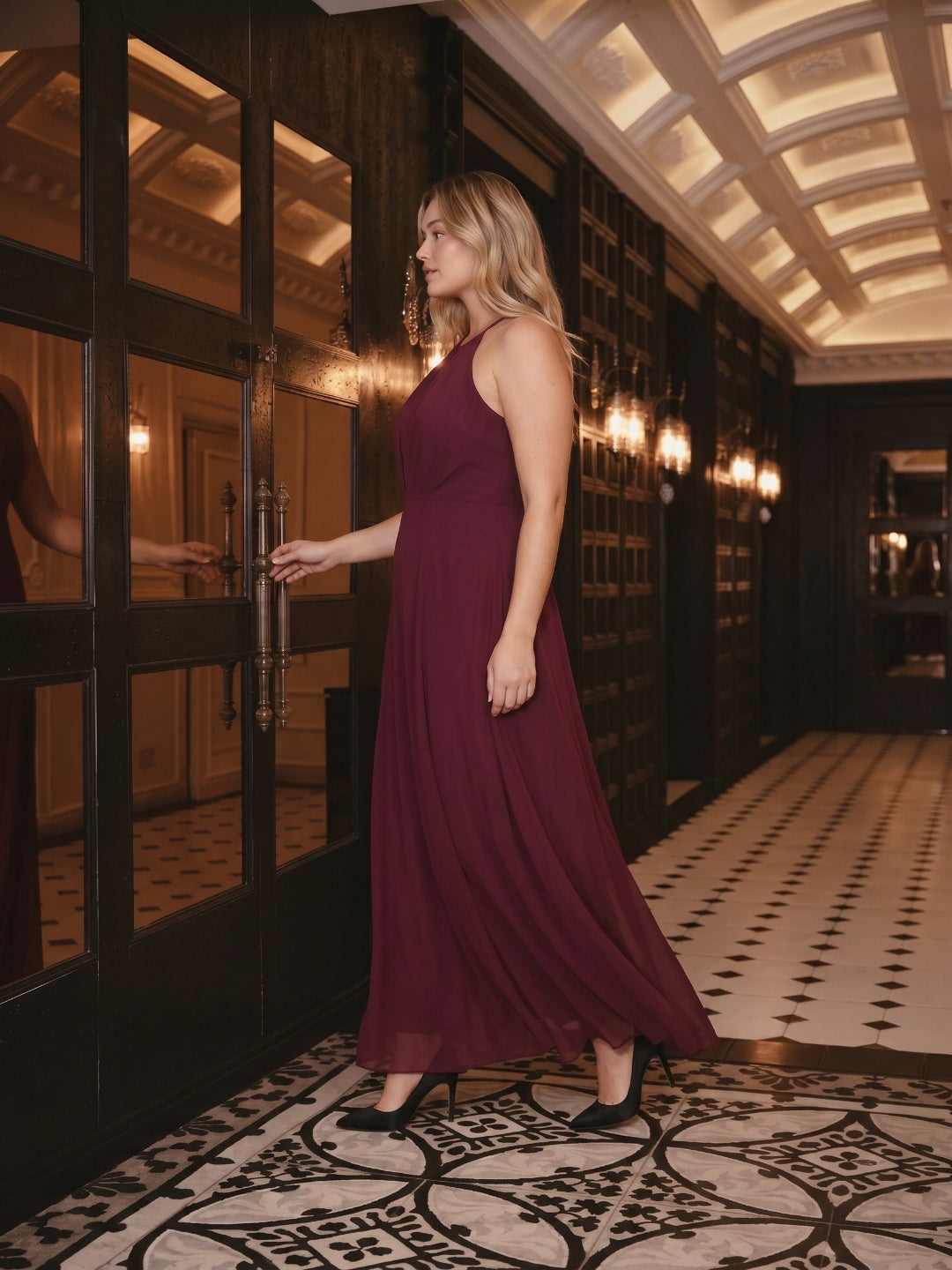 Sweet & Flowy Cabernet Chiffon A-Line Halter neckline Ankle-Length Plus Size Bridesmaid Dress - Curvevia