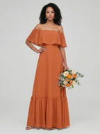 Sweet & Flowy Cinnamon Chiffon A-Line Off-the-Shoulder Ankle-Length Bridesmaid Dress with Minimalist Design - Curvevia