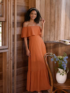 Sweet & Flowy Cinnamon Chiffon A-Line Off-the-Shoulder Ankle-Length Bridesmaid Dress with Minimalist Design - Curvevia