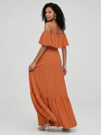 Sweet & Flowy Cinnamon Chiffon A-Line Off-the-Shoulder Ankle-Length Bridesmaid Dress with Minimalist Design - Curvevia