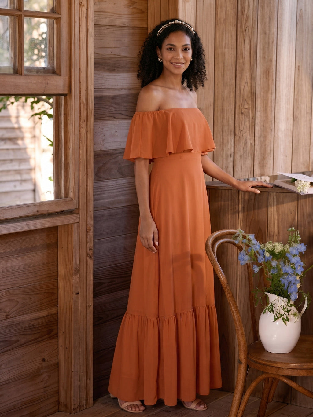 Sweet & Flowy Cinnamon Chiffon A-Line Off-the-Shoulder Ankle-Length Bridesmaid Dress with Minimalist Design - Curvevia