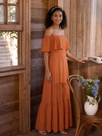 Sweet & Flowy Cinnamon Chiffon A-Line Off-the-Shoulder Ankle-Length Bridesmaid Dress with Minimalist Design - Curvevia