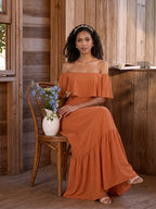 Sweet & Flowy Cinnamon Chiffon A-Line Off-the-Shoulder Ankle-Length Bridesmaid Dress with Minimalist Design - Curvevia
