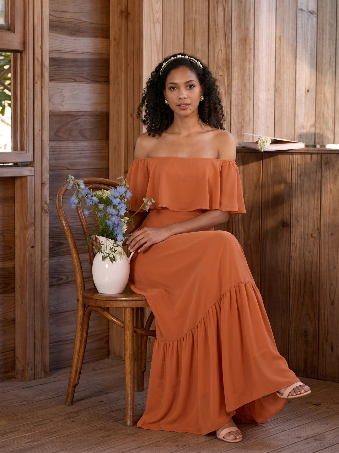 Sweet & Flowy Cinnamon Chiffon A-Line Off-the-Shoulder Ankle-Length Bridesmaid Dress with Minimalist Design - Curvevia