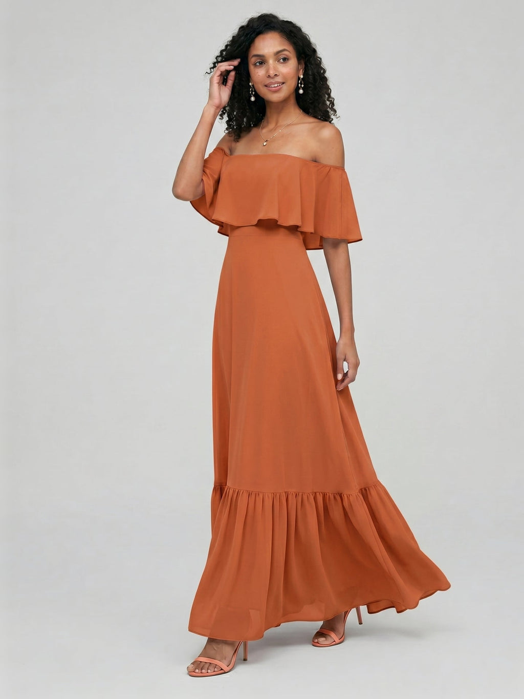 Sweet & Flowy Cinnamon Chiffon A-Line Off-the-Shoulder Ankle-Length Bridesmaid Dress with Minimalist Design - Curvevia
