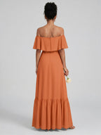 Sweet & Flowy Cinnamon Chiffon A-Line Off-the-Shoulder Ankle-Length Bridesmaid Dress with Minimalist Design - Curvevia