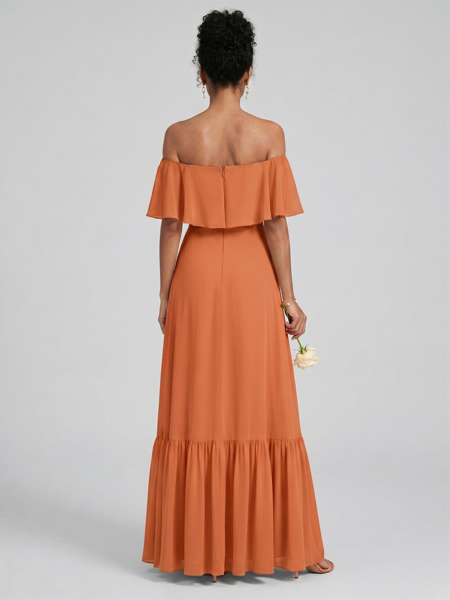 Sweet & Flowy Cinnamon Chiffon A-Line Off-the-Shoulder Ankle-Length Bridesmaid Dress with Minimalist Design - Curvevia