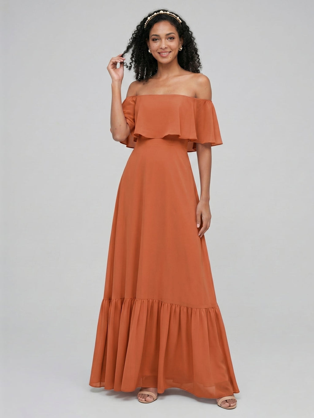 Sweet & Flowy Cinnamon Chiffon A-Line Off-the-Shoulder Ankle-Length Bridesmaid Dress with Minimalist Design - Curvevia