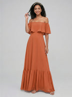 Sweet & Flowy Cinnamon Chiffon A-Line Off-the-Shoulder Ankle-Length Bridesmaid Dress with Minimalist Design - Curvevia