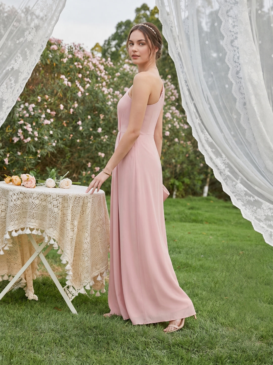 Sweet & Flowy Dusty Rose Chiffon A-Line One Shoulder Ankle-Length Bridesmaid Dress with Minimalist Design - Curvevia