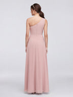 Sweet & Flowy Dusty Rose Chiffon A-Line One Shoulder Ankle-Length Bridesmaid Dress with Minimalist Design - Curvevia