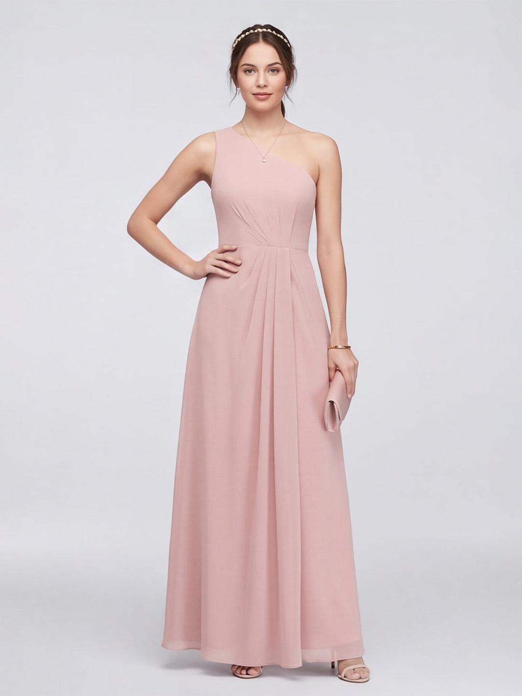 Sweet & Flowy Dusty Rose Chiffon A-Line One Shoulder Ankle-Length Bridesmaid Dress with Minimalist Design - Curvevia