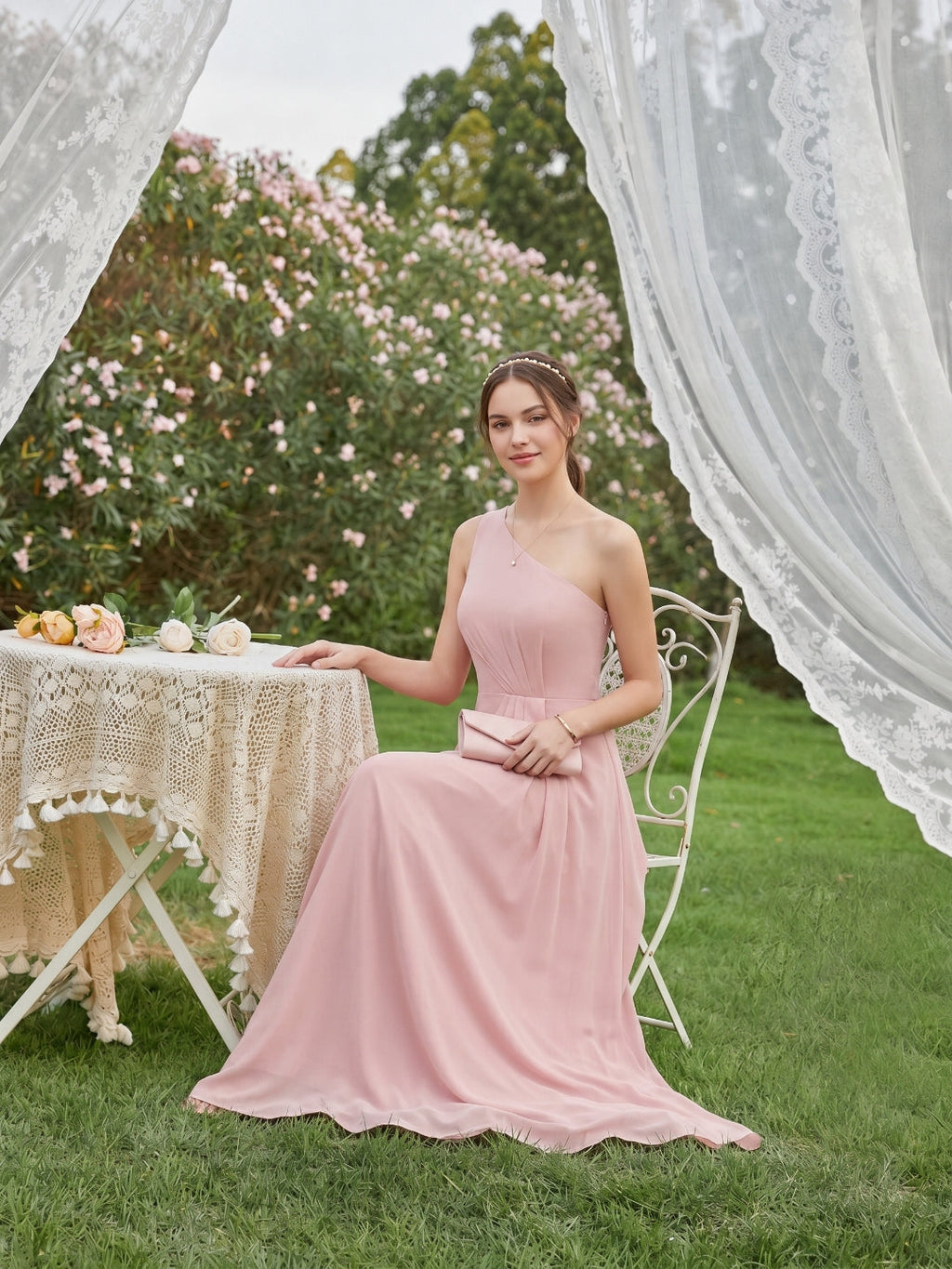 Sweet & Flowy Dusty Rose Chiffon A-Line One Shoulder Ankle-Length Bridesmaid Dress with Minimalist Design - Curvevia