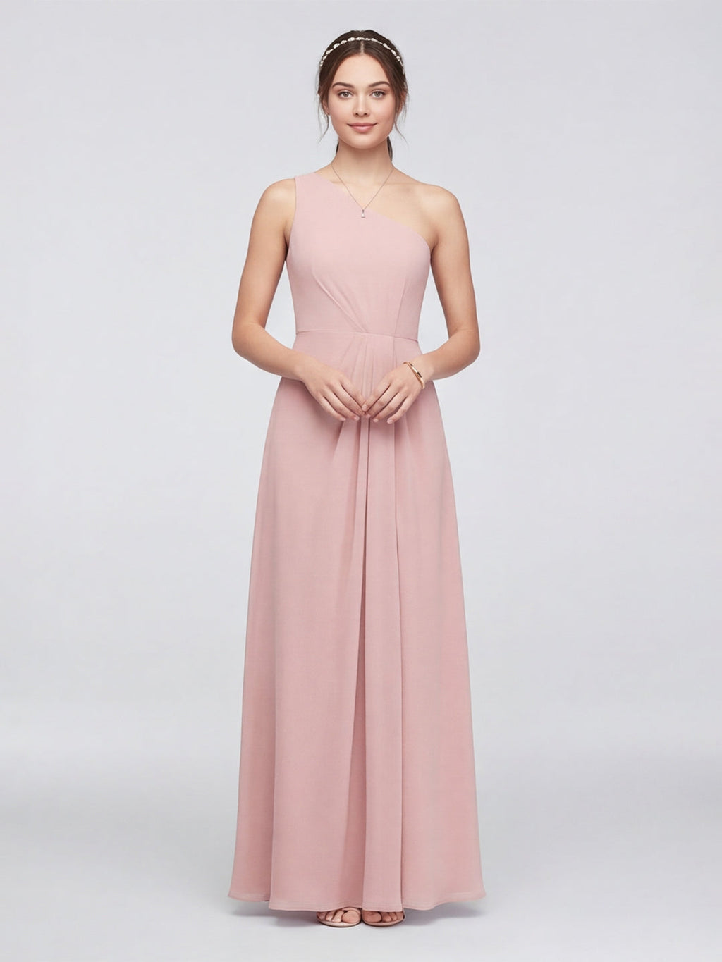 Sweet & Flowy Dusty Rose Chiffon A-Line One Shoulder Ankle-Length Bridesmaid Dress with Minimalist Design - Curvevia