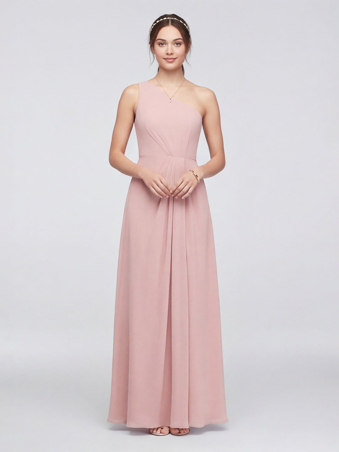 Sweet & Flowy Dusty Rose Chiffon A-Line One Shoulder Ankle-Length Bridesmaid Dress with Minimalist Design - Curvevia