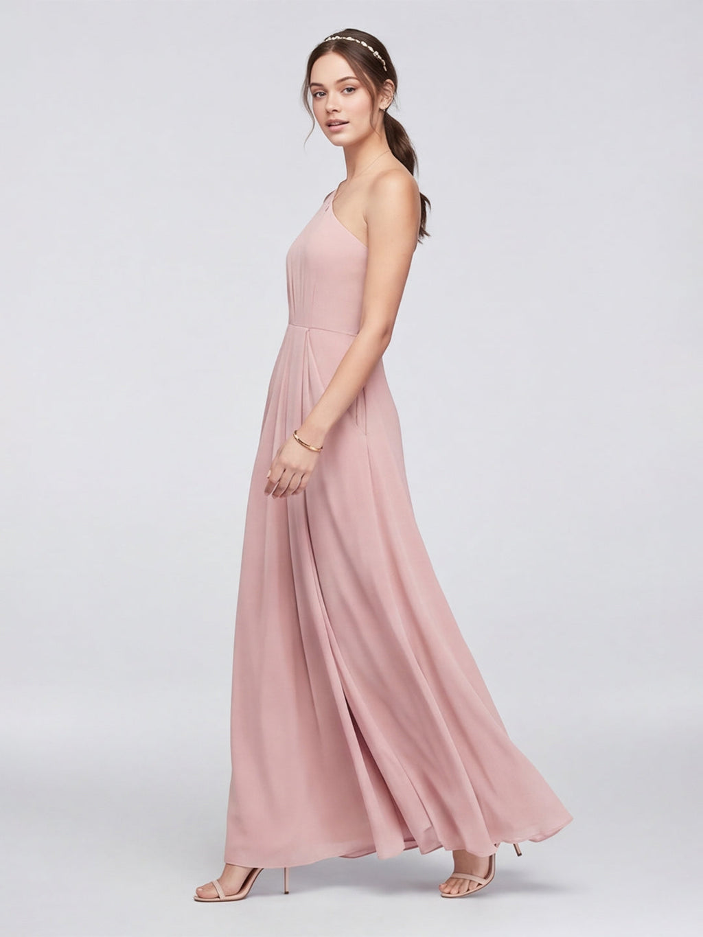 Sweet & Flowy Dusty Rose Chiffon A-Line One Shoulder Ankle-Length Bridesmaid Dress with Minimalist Design - Curvevia