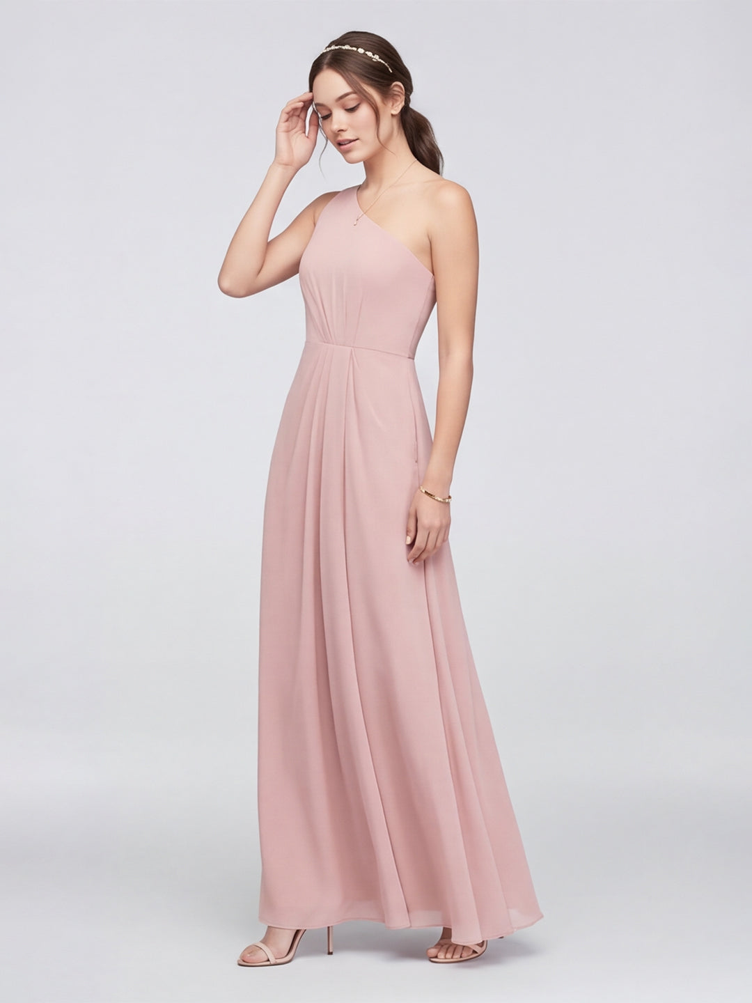 Sweet & Flowy Dusty Rose Chiffon A-Line One Shoulder Ankle-Length Bridesmaid Dress with Minimalist Design - Curvevia