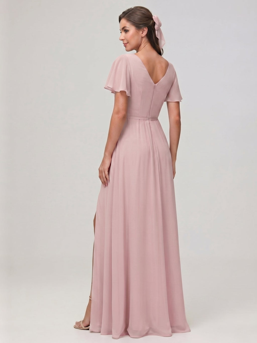 Sweet & Flowy Dusty Rose Chiffon A-Line V-Neck Ankle-Length Bridesmaid Dress with Minimalist Design - Curvevia