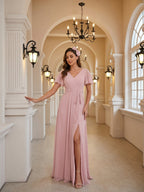Sweet & Flowy Dusty Rose Chiffon A-Line V-Neck Ankle-Length Bridesmaid Dress with Minimalist Design - Curvevia