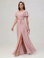 Sweet & Flowy Dusty Rose Chiffon A-Line V-Neck Ankle-Length Bridesmaid Dress with Minimalist Design - Curvevia