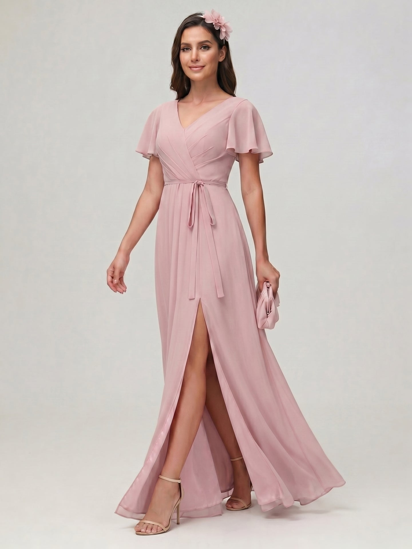 Sweet & Flowy Dusty Rose Chiffon A-Line V-Neck Ankle-Length Bridesmaid Dress with Minimalist Design - Curvevia