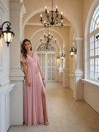 Sweet & Flowy Dusty Rose Chiffon A-Line V-Neck Ankle-Length Bridesmaid Dress with Minimalist Design - Curvevia
