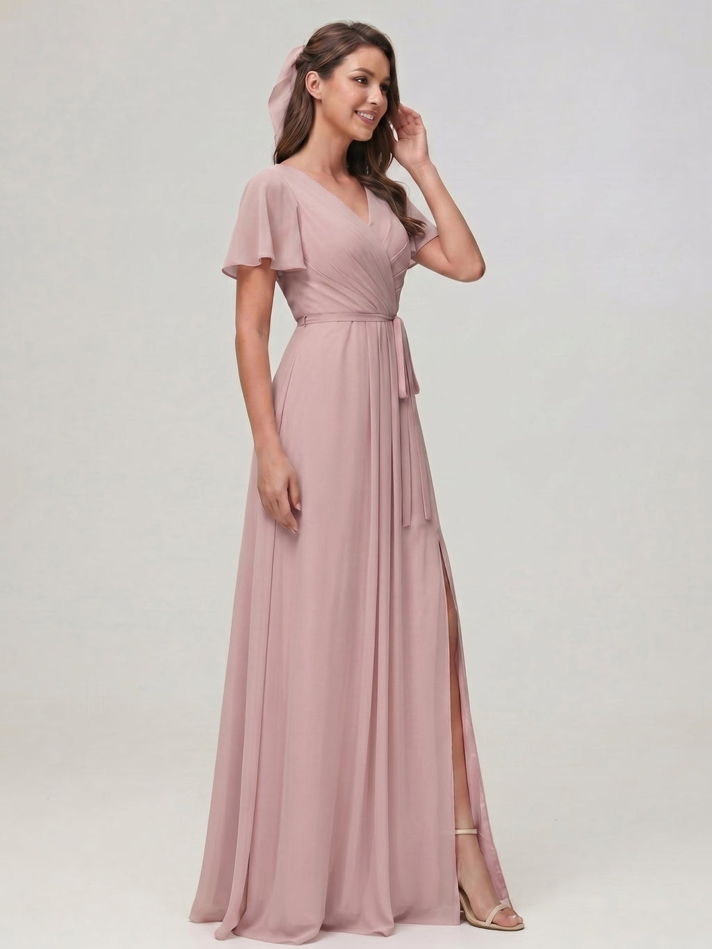 Sweet & Flowy Dusty Rose Chiffon A-Line V-Neck Ankle-Length Bridesmaid Dress with Minimalist Design - Curvevia