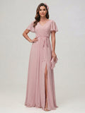 Sweet & Flowy Dusty Rose Chiffon A-Line V-Neck Ankle-Length Bridesmaid Dress with Minimalist Design - Curvevia