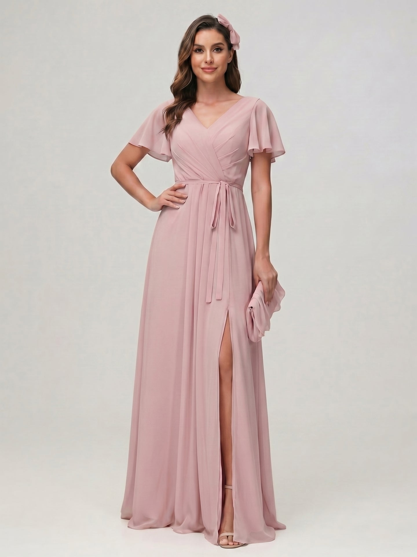 Sweet & Flowy Dusty Rose Chiffon A-Line V-Neck Ankle-Length Bridesmaid Dress with Minimalist Design - Curvevia