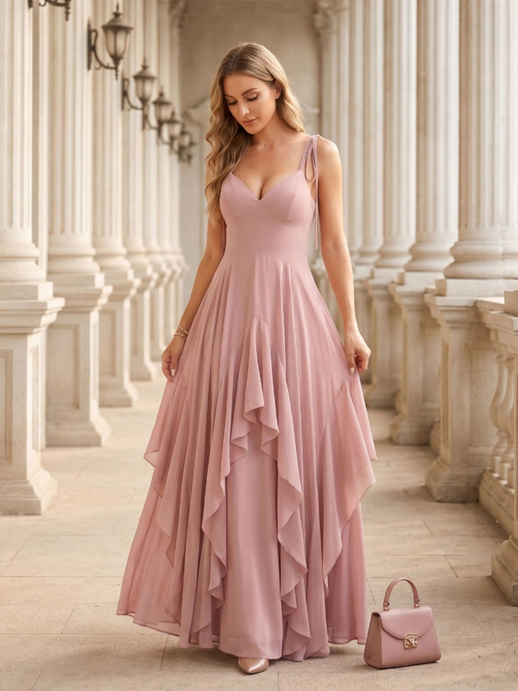 Sweet & Flowy Dusty Rose Chiffon A-Line V-Neck Back Zip with Ruffle Ankle-Length Bridesmaid Dress - Curvevia